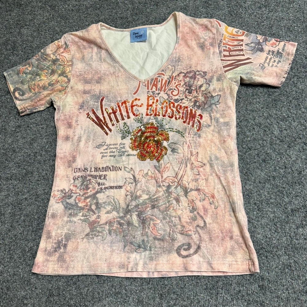 Jane Ashley Top Womens Size M Pink Floral Sequin V-Neck Short Sleeve Graphic Tee